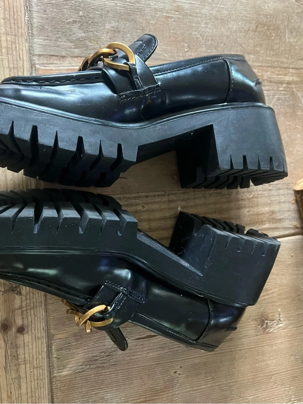 Zara woman’s Black Leather Loafers with Gold Chain